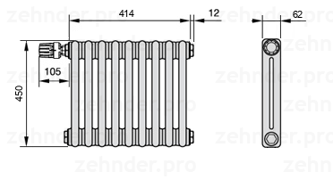 Схема (чертеж) Радиатор Zehnder Charleston 2045/9 №V011 Белый глянцевый RAL 9016